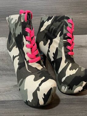 Camo Platform Ankle Boots Women Lace Up Stiletto Rhinestone Heels Pink Laces